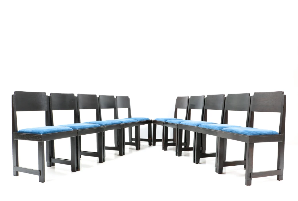 Set of 10 Art Deco Dining Chairs, Black Lacquered Oak, 1920s